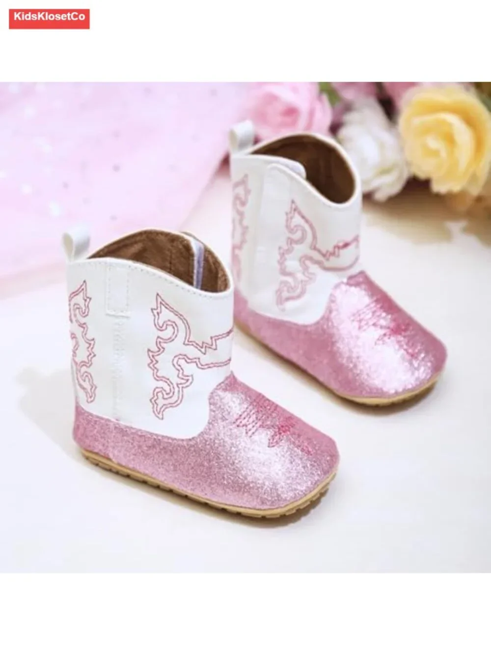 Baby Cowboy Boots Embroidery Western Sequin Leather Round Toe Ankle High Hook &